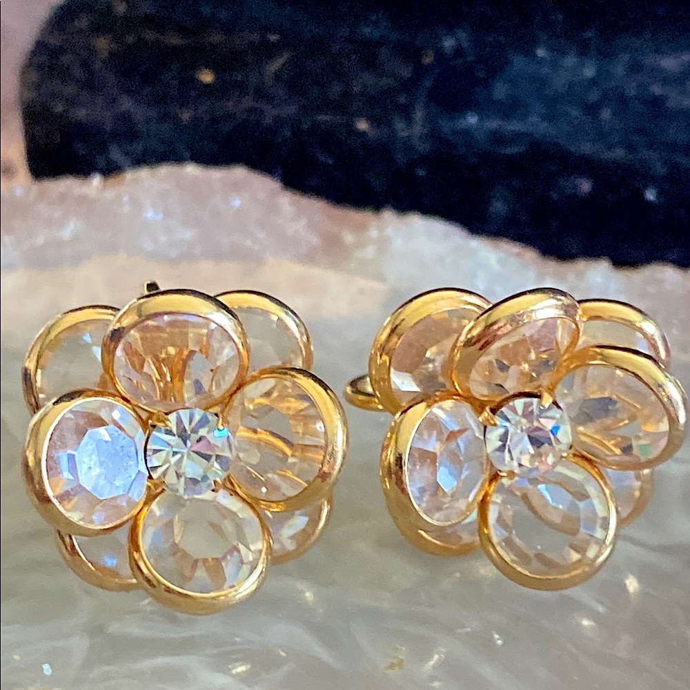 Elegant Gold and Crystal Flower Clip Earrings